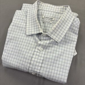 Haggar Mens White/Blue Check Button Down Dress Shirt 16-16.5 34/35
